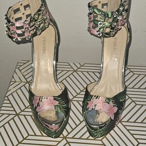 Stylish Floral Heels with Studded Ankle Strap